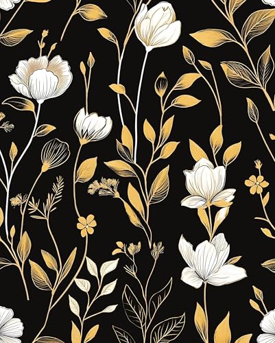 White Flowers Gold Floral Peel and Stick Wallpaper 17.4" x 118" | Renter Friendly, Removable & Waterproof, Vinyl Easy Install for Bedrooms, Bathrooms, Kitchens, Cabinets and Home Decor - color: Gold/White, size: 17.4" x 118"