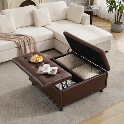 Tbfit 35.5" Large Square Storage Ottoman Bench, Tufted Upholstered Coffee Table Ottoman with Lift Top & Wooden Legs, Oversized Storage Ottomans Toy Box for Living Room (Dark Brown) - color: Dark Brown