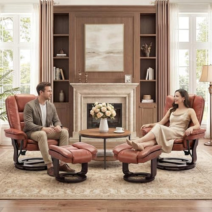 Swivel Recliner Chair with Ottoman Reclining Lounge Sofa Footrest, Set of 1 | 360°Sturdy Wood Base, Soft Faux Leather, Upholstered Ultra-Plush Foam, Modern Armchair, Living Room Bedroom Office Reading - color: Brown, size: Set of 1