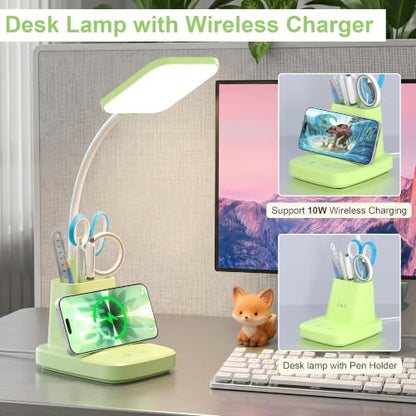 LED Desk Lamp with 10W Wireless Charging & Pen Holder, Light Green | CRI 95, 800LM, Stepless Dimming, 3 Modes, 360°Flexible Arm, Touch, Study Table Lamp for Home Office, Dorm Room, with Adapter - color: Green