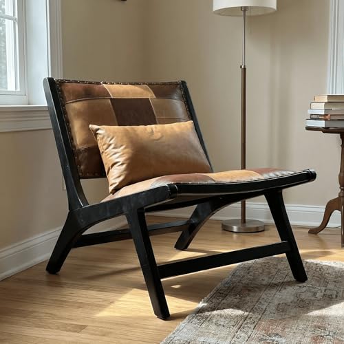 Mid-Century Modern Accent Chair, Low-Profile Lounge Chair with Solid Wood Frame, Faux Leather Upholstered Patchwork Design for Living Room, Bedroom & Reading Corner(Antique Brown) - color: Antique Brown