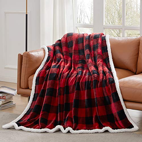 Sherpa Red and Black Buffalo Plaid Christmas Twin Blanket 60" X 70", Fuzzy Fluffy Soft Cozy Throw Blanket, Fleece Flannel Plush Microfiber Blanket for Couch Bed Sofa - color: Red