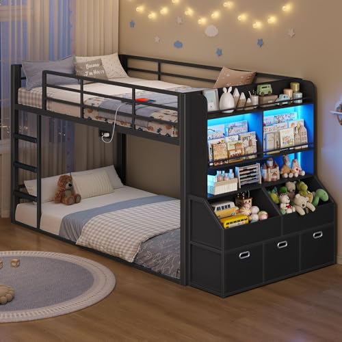 ADORNEVE Low Bunk Bed Twin Over Twin with Bookshelf, Storage Drawers, Black | Metal Floor Bunk Bed with RGB Lights, Charging Station & Toy Organizer, Safety Guardrail & Ladder, Small Space, Kids Bedroom - color: Black