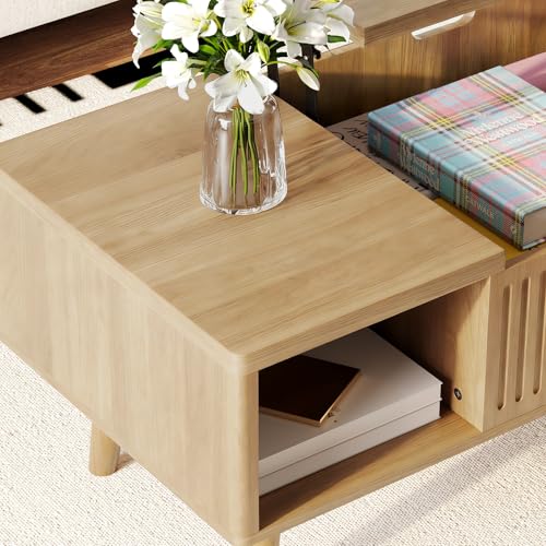 Coffee Table with Lifting Top,Wooden Fluted Coffee Table with Hidden Storage Space,2 Open Storage Compartments,Solid Wood Legs,Suitable for Living Room,Apartment,Office. (C-Lift Coffee Table-Oak) - color: C-lift Coffee Table-oak