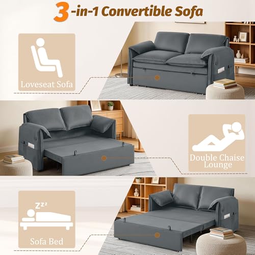 63" 3-in-1 Velvet Convertible Sleeper Sofa Bed, Modern Adjustable Backrest Loveseat Pull Out Couch with USB & Side Pocket, Small Space Love Seat Sofa Bed for Living Room, Bedroom, Grey Velvet - color: Grey