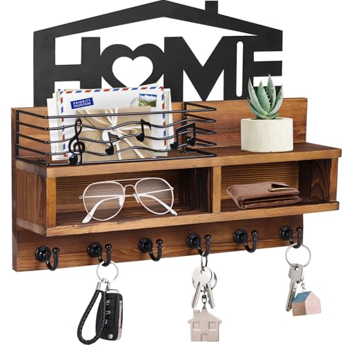 VIS'V Key Holder Wall Mount, Decorative Wood Mail and Key Organizer, Brown | Contains Iron Storage Basket, Small Shelf, 2 Compartments, 6 Hooks, for Entryway, Hallway, Doorway, Kitchen, Garage, RV - color: Brown