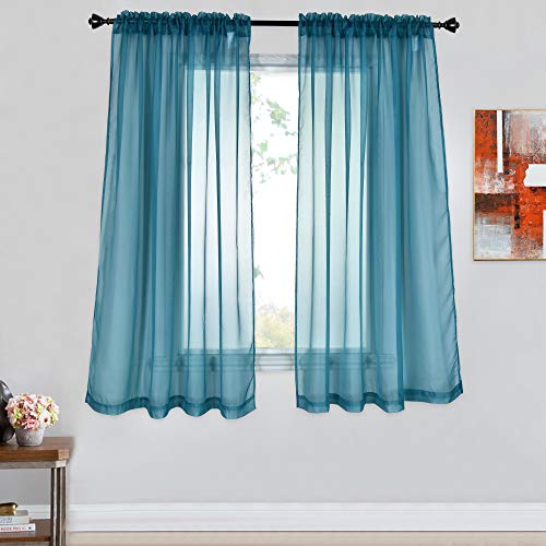 Sheer Teal Curtains 54 Inches Long for Kitchen Small Windows Rod Pocket Voile Sheer Window Panels Drapes for Kids Room 1 Pair Sets 52 Inch x 54 Inch - color: Teal, size: 52"W x 54"L (Pack of 2)