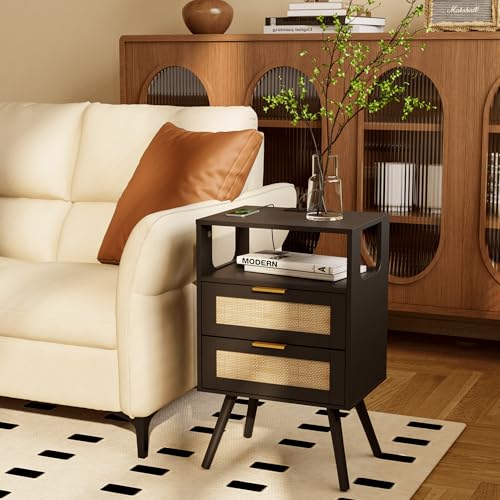 Rattan Nightstand with Charging Station,Farmhouse Bedside Table with 2 Storage Drawer and Open Wood Shelf, for Bedroom and Small Spaces,Night Stand with Solid Wood Legs (Black-Outlet) - color: Black-outlet