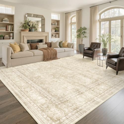 8x10 Ft Large Area Rugs for Living Room, Soft Non-Slip Machine Washable Rug, Vintage Stain Resistant Carpets for Bedroom Nursery Dining Room Home Decor (Beige) - color: A-f02 Beige, size: 8' x 10' (Rectangular)