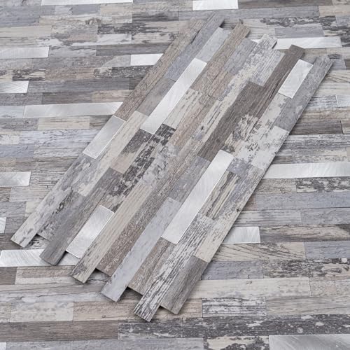 StyloVue 20 Sheets Peel and Stick Backsplash, Distressed Wood with Metal Silver Self Adhesive Wall Tiles Upgrade Your Kitchen Backsplash, RV, Fireplace - color: Distressed Wood With Metal Silver