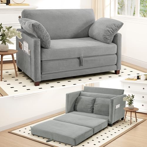 51" Convertible Loveseat Sofa Bed, 2-in-1 Folding Sofa Bed with 2 Pillow for Small Spaces, Modern Loveseat Sleeper Couch for Apartment, Living Room & Guest Room (Light Grey Corduroy, 51 inch) - color: Light Grey, size: 51"