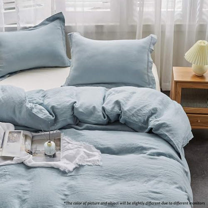 Simple&Opulence 100% Linen Duvet Cover Set with Embroidery Border Washed - 3 Pieces (1 Duvet Cover & 2 Pillow Shams) with Button Closure Soft Breathable Farmhouse - Dusty Blue, Queen Size - color: Dusty Blue, size: Queen