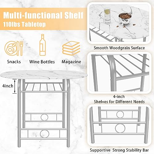 JUMMICO 3-Piece Wooden Round Table & Chair Set | Kitchen Breakfast Nook Wood Grain Tabletop with Metal Frame and Built-in Wine Rack for Kitchen, Dining Room (White/Silver) - color: White/Silver
