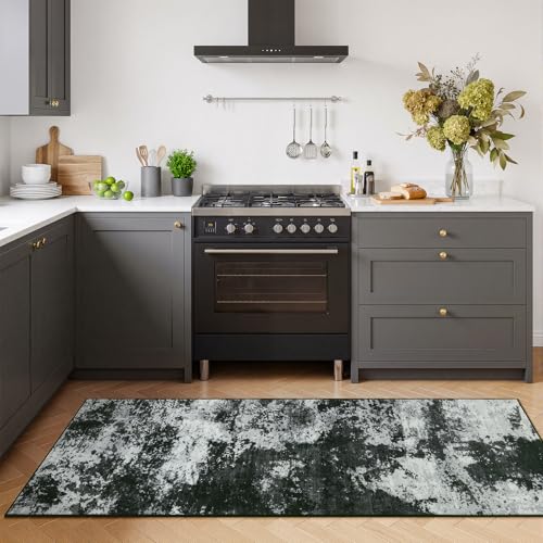 2x6 Hallway Runner Rug Washable Non-Slip Back Grey Low Pile Carpet | Stain Resistant, Soft Faux Wool, Abstract Pattern for Kitchen Walkway, Laundry Room, Entryway, Hallways - color: Black Grey, size: 2' x 6'(24''x72'')