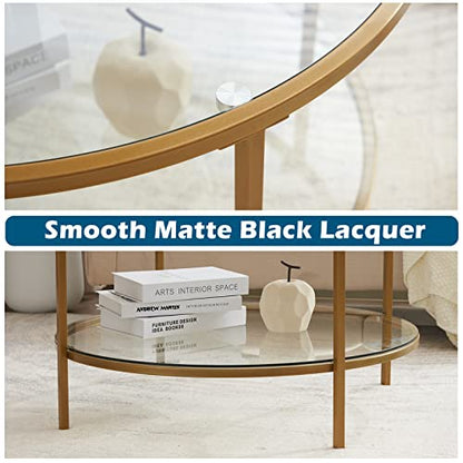 VINGLI 30" Glass Coffee Table, Round Coffee Tables Living Room, Matte Gold | 2-Tier Clear Coffee Table with Storage, Circle Side Table Metal Frame, Modern Center Table Mesa de Centro para Sala - color: Clear-matte Gold, size: 30.7"