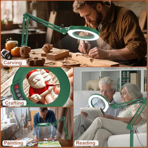 LANCOSC 15X Magnifying Glass with Light and Stand, 3-in-1 Adjustable Swing Floor Lamp, 5 Color Modes Stepless Dimmable, LED Lighted Hands Free Magnifier & Clamp for Reading, Crafts, Painting - Green - color: Green