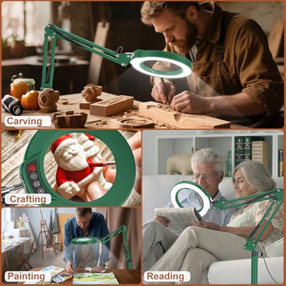 LANCOSC 15X Magnifying Glass with Light and Stand, 3-in-1 Adjustable Swing Floor Lamp, 5 Color Modes Stepless Dimmable, LED Lighted Hands Free Magnifier & Clamp for Reading, Crafts, Painting - Green - color: Green