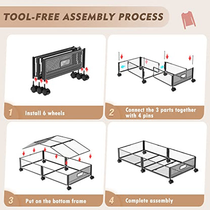 Under Bed Storage with Wheels, 31.5in / 35L Large Rolling Underbed Storage, Underbed Drawer on Wheels, Tool-free Assembly Metal Under Bed Drawers Organizer Container for Bedroom Shoes Clothes Toys - size: 2 Pack (31.5×15.7")