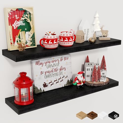 Fun Memories Floating Shelves for Wall, 27.5" Rustic Wood Deep Wall Mounted Shelves with Invisible Brackets for Decor & Storage, Floating Shelf for Living Room, Bathroom (Black, Set of 2) - color: Black, size: 27.5"W x 6.5"D, 2Packs