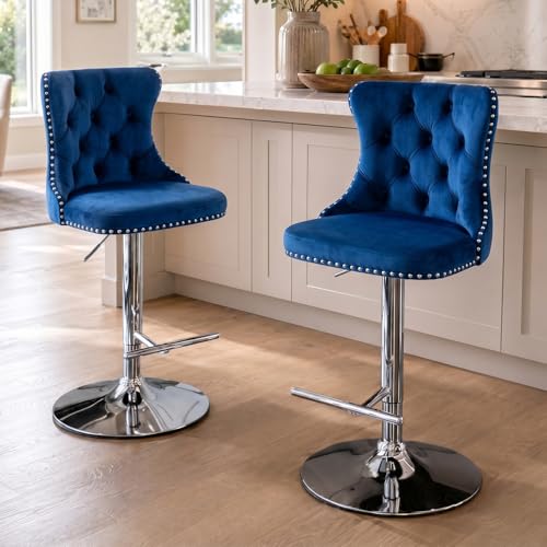 Velvet Bar Stool Set of 2, Adjustable Swivel Bar Stools with Silver Plated Metal Leg, Button Tufted, Footrest, Chrome Nailhead, Counter Height Chair for Kitchen, Bar, Dining Room (Blue) - color: Blue-silver Leg, size: Set of 2