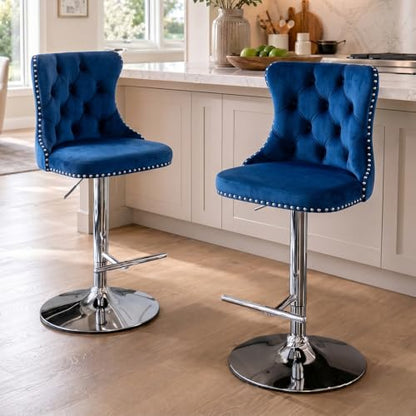 Velvet Bar Stool Set of 2, Adjustable Swivel Bar Stools with Silver Plated Metal Leg, Button Tufted, Footrest, Chrome Nailhead, Counter Height Chair for Kitchen, Bar, Dining Room (Blue) - color: Blue-silver Leg, size: Set of 2