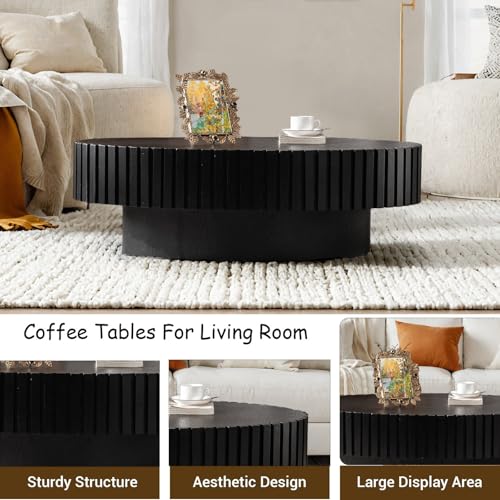Oval Drum Fluted Coffee Table (A) | Modern Wood Coffee Table with Oval Pedestal Center Tables Fluted Accent Tea Tables for Apartment Living Room - color: A