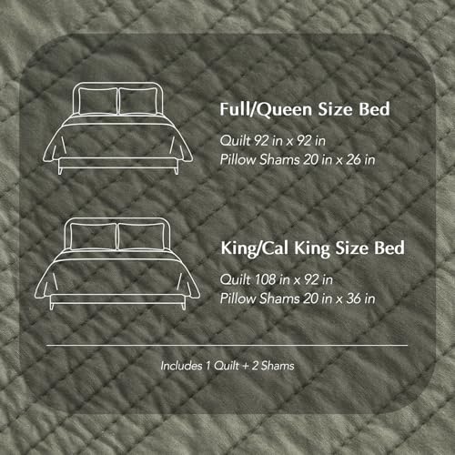 EVERGRACEHOME 100% Cotton Modern Lines Quilt Set Queen Size, Olive Green | Pre-Washed Soft Cotton, Striped Coverlet Bedspread, 3 Piece Lightweight Bedding Set for All Season, with 2 Pillow Shams - color: Olive Green, size: Full/Queen (92" X 92")
