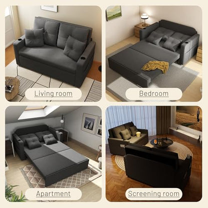 Krcix 3 in 1 Sofa Bed, 56" Pull Out Couch, Convertible Loveseat Sleeper | Sleeper Sofa with Cup Holder, Storage Pocket, USB, Family Couches for Living Room, Bedroom, Apartment, Dark Grey