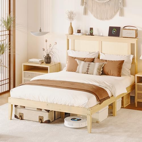 VINGLI Bed Frame Full Size with Rattan Headboard,Boho Platform Bed with Underbed Storage and Charging Ports for Bedroom,Solid Wooden Slats Surpport,Noise-Free,Natural - size: Full
