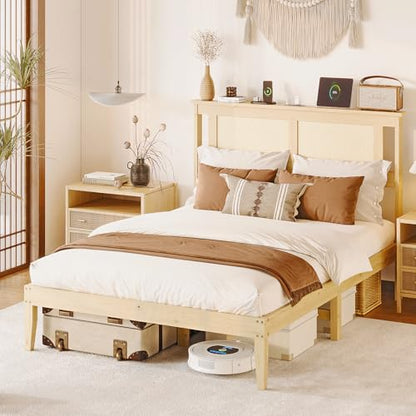 VINGLI Bed Frame Full Size with Rattan Headboard,Boho Platform Bed with Underbed Storage and Charging Ports for Bedroom,Solid Wooden Slats Surpport,Noise-Free,Natural - size: Full
