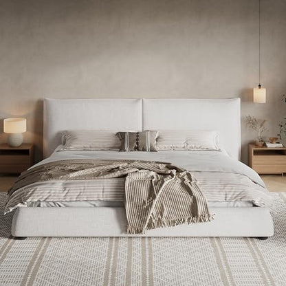 Christopher Knight Home Deft Wooden King Bed Frame and Headboard, Luxurious Upholstered King Size Bed Frame with Linen Fabric Pillow-Back Headboard, Modern Design Bed Set, Easy Assembly, Beige - size: King Size
