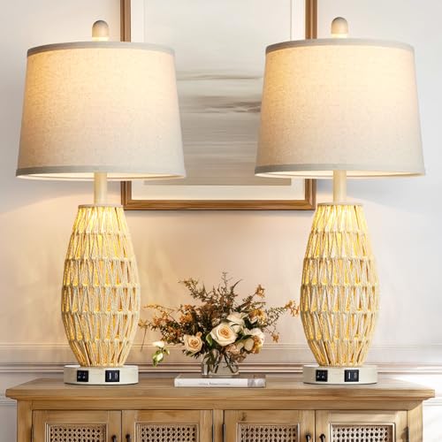 CINSARY 27“ Beige Rattan Table Lamps with Night Light, Boho Bedside Lamps Set of 2, Woven Wicker Bedroom Lamp for Nightstand with USB A+C Charging Port & AC Outlet, Tall Coastal Living Room Lamp - color: Beige