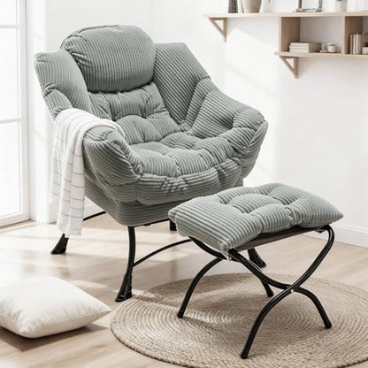 Lazy Chair with Ottoman, Modern Skinny Lounge Chair with Footrest | Foldable Footrest, Padded & Backrest with Side Pocket, Comfy Accent Reading Chair for Living Room & Small Spaces, Green - color: Light Green