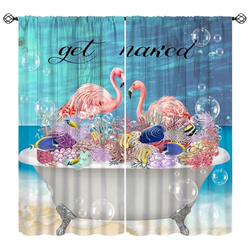 Funny Flamingo Curtains, Pink Flamingo Tropical Fish Coral Beach Window Treatments Drapes for Kids Bedroom Living Room Apartment 42" W X 45" L(No Blackout) - color: Flamingo-2, size: 20.5"W x 45"L (Pack of 2)
