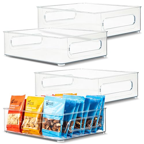 Plastic Food Storage 4 Pack Clear Container Bin with Handles for Organizing Kitchen, Pantry, Refrigerator, Freezer, Pantry, Cabinet, Closet, Bathroom. Stackable 10”x8”x3” - size: 10x8x3