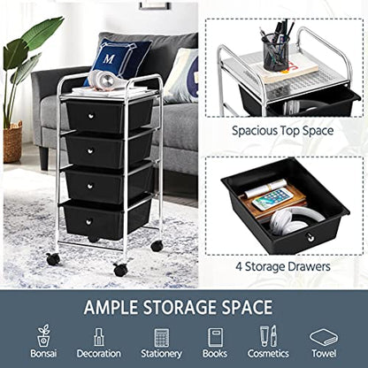 Yaheetech 4-Drawer Rolling Storage Cart with Wheels, Slim Organizer, Black | Four drawers plus a top shelf organize craft to bath gear; slim chrome-steel frame, plastic bins, locking wheels, easy setup. - color: Black, style: 4 Drawers