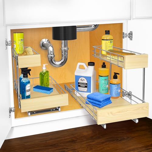 LYNK PROFESSIONAL® SELECT™ Pull Out Under Sink Kitchen Cabinet Organizer - 11.5 in. x 18 inch deep Drawer - Sliding Shelf Organizer and Undersink Storage Shelves - Lifetime Ltd. Warranty – Chrome - color: 11.5"W x 18"D Wood