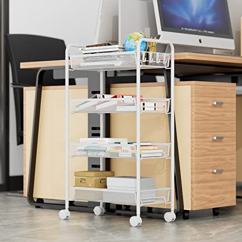 4-Tier Mesh Rolling Cart - 35 BLS/Tier Full Metal Cart with Wheel & 4 Hooks | Space-Saving 140bls Capacity Storage Organizer Crafts Utility Cart for Kitchen Pantry Office Bathroom Laundry Nursery, White - color: White, size: 4 tier