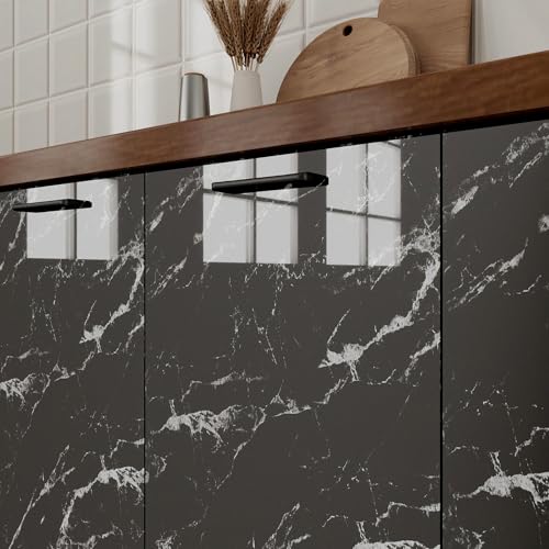 Glossy Marble Contact Paper Peel and Stick Wallpaper 17.7"x78.7" Black | Removable Waterproof Vinyl Wall Paper for Countertops Kitchen Cabinets Backsplash Furniture - color: Black, size: 17.7"W x 78.7"L