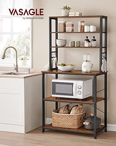 VASAGLE Coffee Bar, 31.5 Inches 6-Tier Baker's Rack with 6 Hooks | Modern Basic Microwave Stand, 31.5 x 15.7 x 65.7 Inches, Rustic Brown and Ink Black, BARNET Collection UKKS019B01 - color: Rustic Brown + Ink Black, size: 31.5"W, style: No Power Outlet