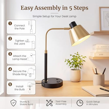 Desk Lamp with USB-C, USB-A and AC Outlet, Adjustable E26 Table Lamp for Home Office and Bedside Reading, Matte Black and Brushed Brass-Look, Bulb Not Included