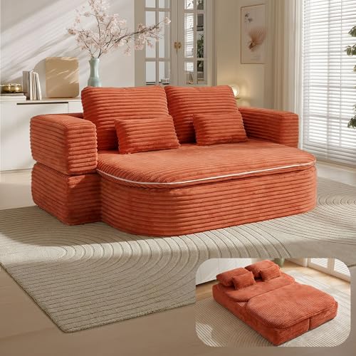 75'' Folding Sleeper Sofa Bed, Memory Foam Boneless Couch | Full Size Guest Bed Mattress, Modern 2-in-1 Floor Deep Seat Sleeper Sofa with 4 Pillows and Blanket | Corduroy Orange - color: Orange, style: Corduroy