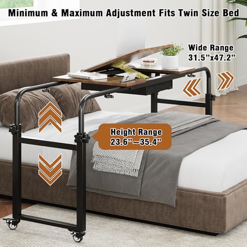 GiftGo Overbed Table with Wheels Rolling Laptop Desk Cart Table for Recliner Over Chair Adjustable for Hospital and Home Use Over The Bed Table with Storage Drawer and Cup Holder (Rustic Brown) - color: Rustic Brown