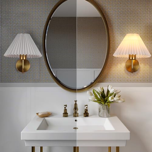 Gold Wall Sconces Sets of 2, Indoor Wall Light Fixtures with Fabric Lampshade, Pleated Fabric Wall Lamp Dresser Hardwired Lamp Wall Lighting Fixture for Bedroom Living Room Porch Dining Room | Wall Light Fixtures with Fabric Lampshade Dresser Hardwired La