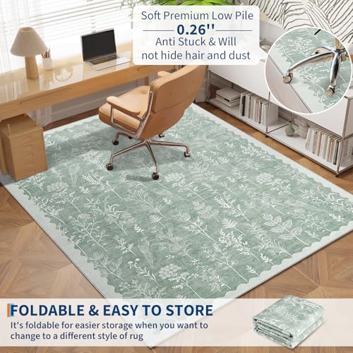 GarveeHome Washable 8x10 Area Rugs for Living Room Scalloped Floral Bedroom Rug, Non-Slip Stain Resistant Dining Table Carpet, Botanical Large Rug Neutral Carpet for Farmhouse Dorm Home Office, Green
