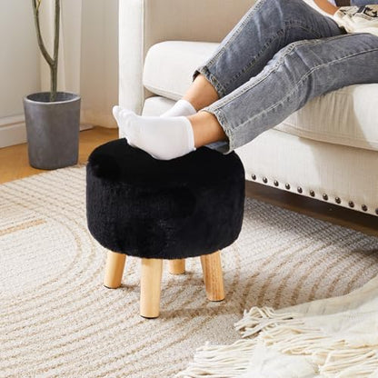 YMYNY Round Pouf Ottoman, 12.6" Small Foot Stool, Black HBD035B | Faux Fur, Wood Legs, Foot Rest for Couch, Modern Boho for Living Room Bedroom Office - color: Black