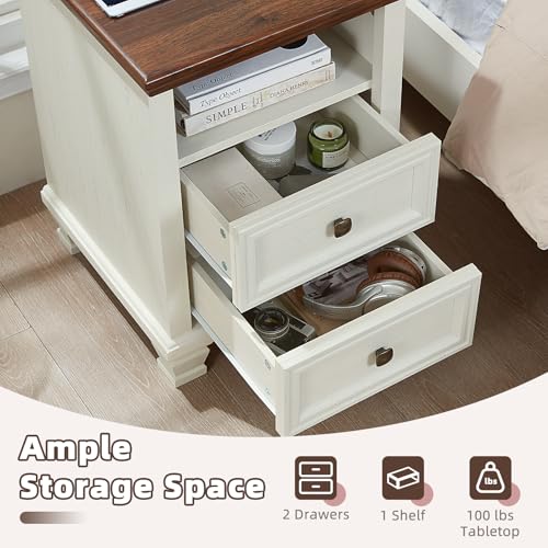 Farmhouse Side Table with Charging Station, White | Antique Nightstands for Bedroom with Drawers, Bedside Table with Open Shelf & Thickened Top & Square Wooden Legs - color: White, size: 18"D x 18"W x 25"H (2 Drawers)