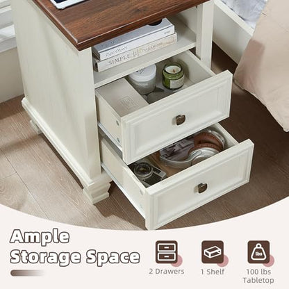 Farmhouse Side Table with Charging Station, White | Antique Nightstands for Bedroom with Drawers, Bedside Table with Open Shelf & Thickened Top & Square Wooden Legs - color: White, size: 18"D x 18"W x 25"H (2 Drawers)
