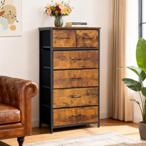 Mifuro Tall Dresser for Bedroom, Vertical Storage Organizer Tower with 6 Drawers, Chest of Drawers with Fabric Bins, Steel Frame, Wood Top for Bedroom, Closet, Entryway- Rustic Brown - color: Rustic Brown, size: 6 Drawers