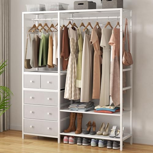 Freestanding Clothes Rack with 5 Drawers & 4 Storage Shelves,2 Hanging Rods | 59.1" W*70.9" H Heavy Duty Clothing Rack, Wardrobe Closet Organizer System with 5 Hooks, Garment Rack (White) - color: White